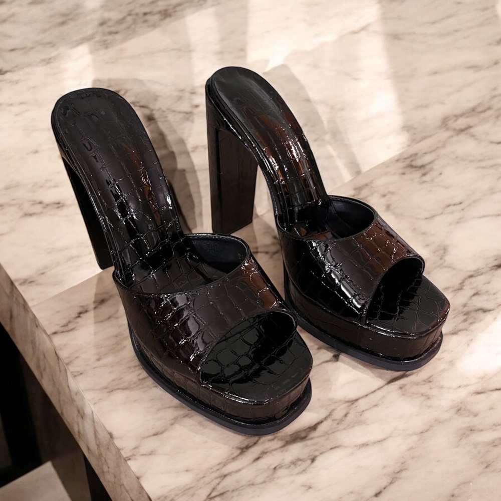 Black platform croc animal print high heel open peep toe mule sandals - Picture 5 of 9